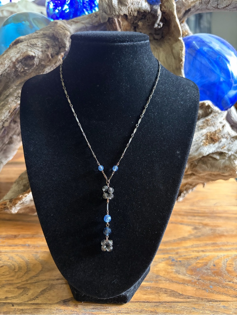 Delicate Blue and Gray Crystal Y Necklace